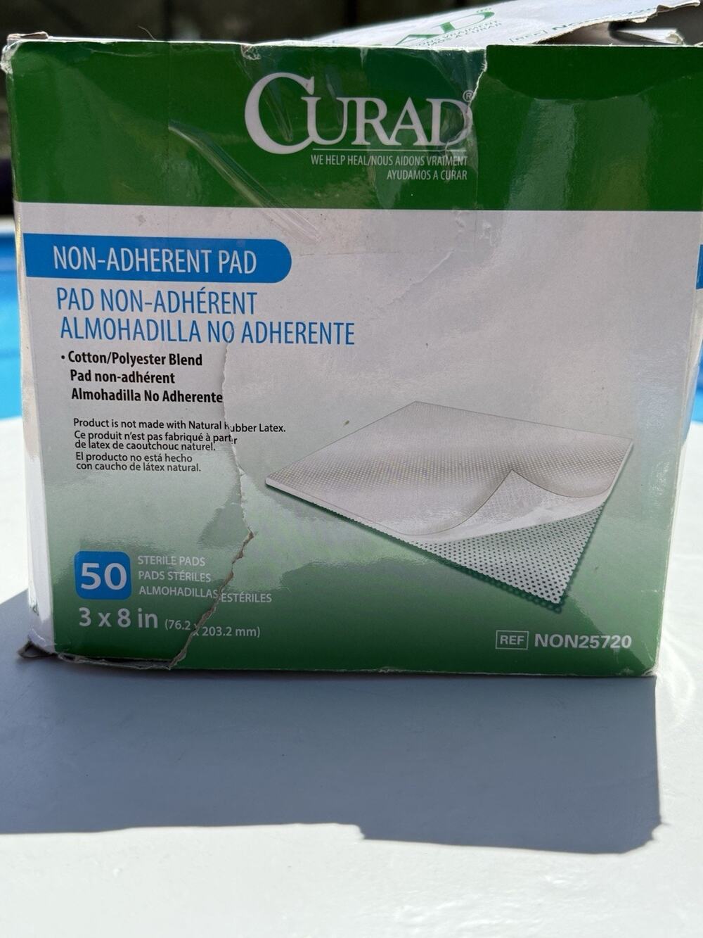 CURAD Sterile Non-Adherent Pads 3x8 in 49 Count Latex-Free Box Damage READ